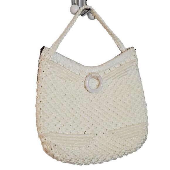 Vintage 70s Macrame Handbag Purse Medium Off White Lined Boho - Picture 3 of 6